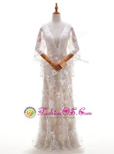 Adorable White Column/Sheath Beading and Lace and Appliques Wedding Gown Criss Cross Lace Sleeveless With Train