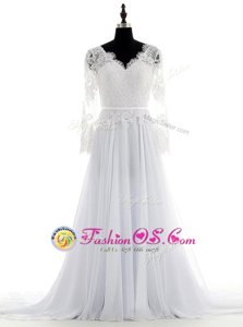 Sweet White V-neck Neckline Lace Bridal Gown Long Sleeves Backless
