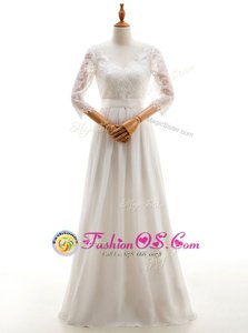 Flirting 3|4 Length Sleeve Floor Length Lace Lace Up Wedding Dress with White