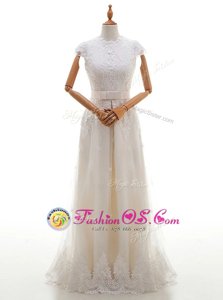 Hot Sale Lace Scoop Cap Sleeves Brush Train Zipper Wedding Gown White Tulle