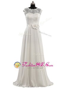 High End Scoop White Empire Lace and Hand Made Flower Wedding Dress Clasp Handle Chiffon Cap Sleeves Floor Length