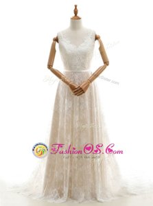 Champagne Empire V-neck Sleeveless Lace With Train Chapel Train Zipper Lace Bridal Gown