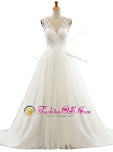 Best Selling Tulle V-neck Sleeveless Brush Train Clasp Handle Lace Wedding Dress in White