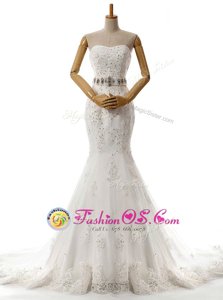 Glittering Mermaid Beading and Lace and Appliques Wedding Gowns White Lace Up Sleeveless With Brush Train