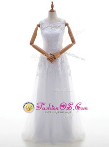 Latest Scoop White Tulle Lace Up Bridal Gown Sleeveless With Brush Train Lace and Appliques