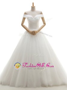 White Tulle Lace Up Off The Shoulder Sleeveless With Train Wedding Dress Court Train Ruching