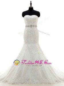 Low Price Mermaid With Train White Wedding Gowns Sweetheart Sleeveless Brush Train Lace Up