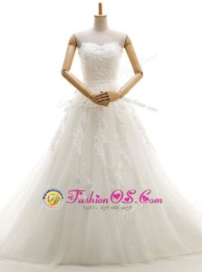 Spectacular White Sleeveless With Train Appliques Lace Up Wedding Gowns