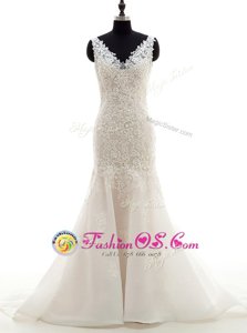 Mermaid With Train White Wedding Dress Organza Brush Train Sleeveless Lace