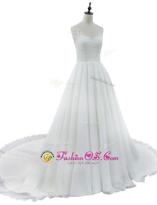 White Sleeveless With Train Lace Zipper Wedding Dress