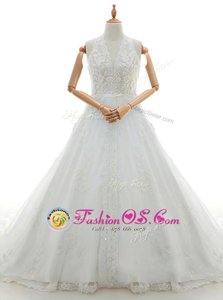 With Train White Wedding Dress Lace Brush Train Sleeveless Appliques