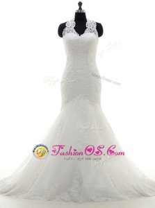 Glorious White Column/Sheath Tulle Square Half Sleeves Lace With Train Zipper Bridal Gown Brush Train