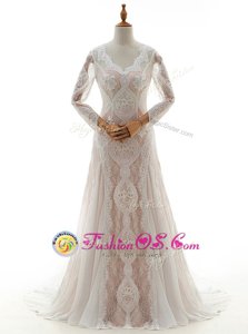 V-neck Long Sleeves Wedding Dress With Brush Train Lace White Lace