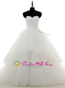 Best White Wedding Gowns Lace Sweep Train Sleeveless Lace and Appliques