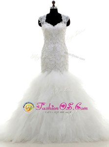 Vintage Mermaid Cap Sleeves With Train Beading and Lace and Ruffles Clasp Handle Wedding Dress with White Brush Train