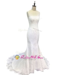 Mermaid White Backless Straps Sequins Wedding Gowns Tulle and Sequined Sleeveless Brush Train
