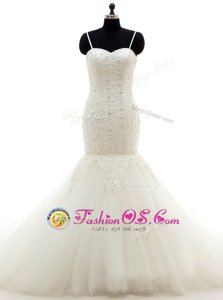 Ideal Mermaid White Tulle Lace Up Spaghetti Straps Sleeveless With Train Wedding Dresses Brush Train Beading and Lace