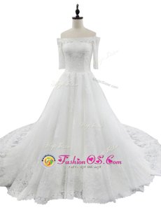 Classical White Off The Shoulder Neckline Lace Wedding Dresses Half Sleeves Zipper