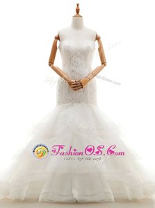 Mermaid White Organza Clasp Handle Wedding Dresses Sleeveless With Brush Train Beading and Lace and Ruffled Layers