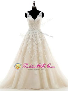 Champagne Organza Clasp Handle V-neck Sleeveless With Train Wedding Gown Brush Train Lace and Appliques