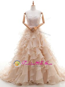 Best Selling Sleeveless Brush Train Lace and Ruffled Layers Lace Up Wedding Dress