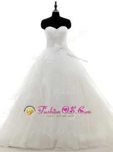 White A-line Sweetheart Long Sleeves Satin and Organza With Train Sweep Train Zipper Pick Ups Wedding Dresses