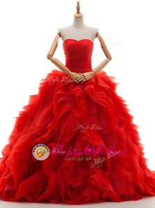 Perfect Red Tulle Lace Up Bridal Gown Sleeveless Brush Train Ruffles and Ruching