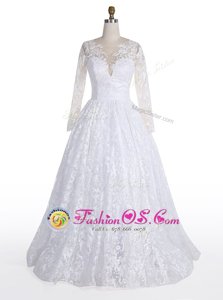 Dynamic Scoop Floor Length White Wedding Gown Lace Long Sleeves Lace