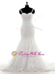 Customized Mermaid Sleeveless Lace With Brush Train Backless Wedding Dresses in White for with Lace