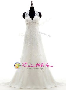 Cute Halter Top Lace Sleeveless Wedding Dress Brush Train and Lace and Appliques