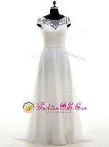 Stylish Scoop White Empire Lace and Bowknot Wedding Gowns Backless Chiffon Sleeveless With Train