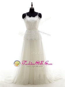 Romantic Tulle Sleeveless With Train Wedding Gown Brush Train and Beading and Lace and Appliques