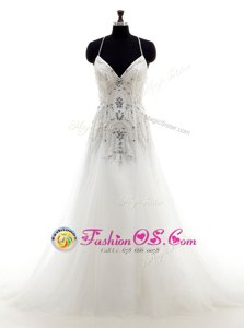 Cute White Column/Sheath Halter Top Sleeveless Tulle With Brush Train Criss Cross Beading Wedding Dress
