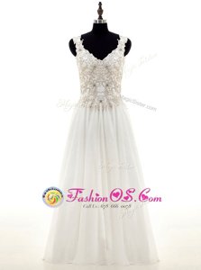 White Chiffon Lace Up V-neck Long Sleeves Floor Length Wedding Gown Beading and Lace and Appliques