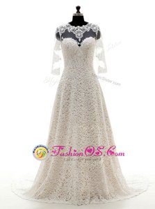 Unique Champagne Clasp Handle Scoop Lace Wedding Dresses Lace 3|4 Length Sleeve Court Train