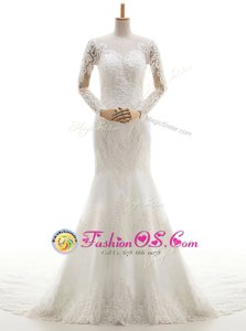 Deluxe Mermaid White V-neck Neckline Lace and Appliques Wedding Gown Long Sleeves Clasp Handle