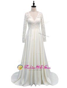 Fitting White V-neck Neckline Lace Wedding Gowns Long Sleeves Clasp Handle