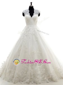Lace and Appliques Wedding Gown White Clasp Handle Cap Sleeves With Brush Train