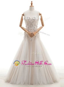 White Tulle Lace Up Wedding Dresses Sleeveless With Brush Train Beading