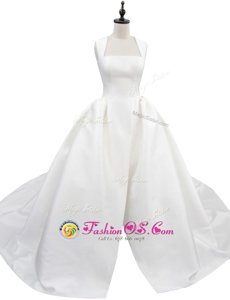 Fashion White Wedding Dresses Wedding Party and For with Ruching Square Sleeveless Court Train Zipper