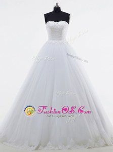High End White Sleeveless Brush Train Lace and Appliques With Train Bridal Gown