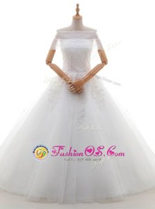 White Tulle Lace Up Wedding Dress Cap Sleeves With Train Court Train Lace and Bowknot
