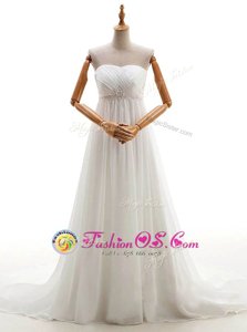 Popular White Lace Up Bridal Gown Beading Sleeveless With Brush Train