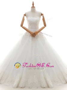 White Sweetheart Lace Up Lace and Appliques Wedding Gowns Brush Train Sleeveless