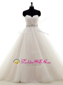 Decent A-line Bridal Gown Champagne Sweetheart Tulle Sleeveless Floor Length Lace Up
