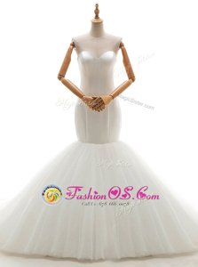 With Train Mermaid Sleeveless White Wedding Gowns Brush Train Lace Up