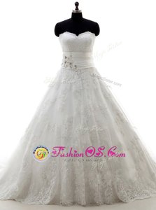 Delicate White Sleeveless Brush Train Lace and Appliques Bridal Gown