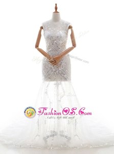 Sleeveless Tulle With Train Court Train Zipper Wedding Dress in White for with Beading and Sequins