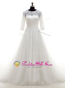 Fitting White Clasp Handle Scoop Lace Bridal Gown Tulle Half Sleeves Brush Train