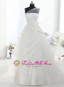 Beautiful One Shoulder With Train Ball Gowns Sleeveless White Wedding Dress Brush Train Lace Up
